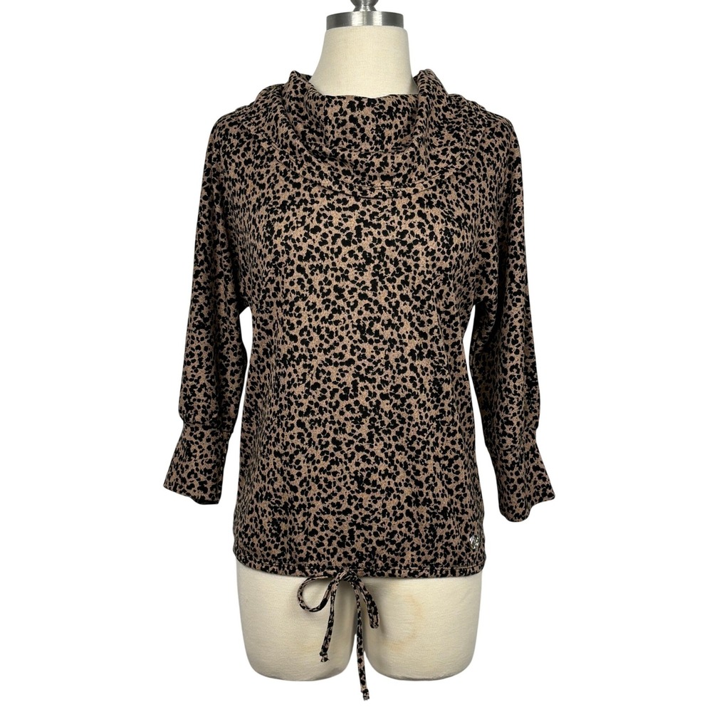 Adrienne Vittadini Cowl Neck Leopard Print Top Womens S Brown Black Hem Tie